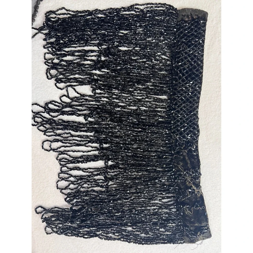 Vintage‎ Black Beaded Fringe Panel and Sheer Mesh Scalloped Shawl pieces for sew